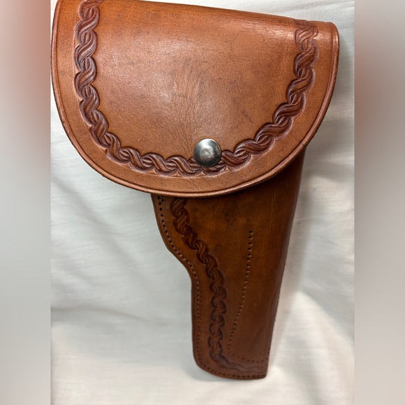 Vtg. George Lawrence Brown Tooled Leather Flap Holster 95 R 4 3/4 - Picture 1 of 13
